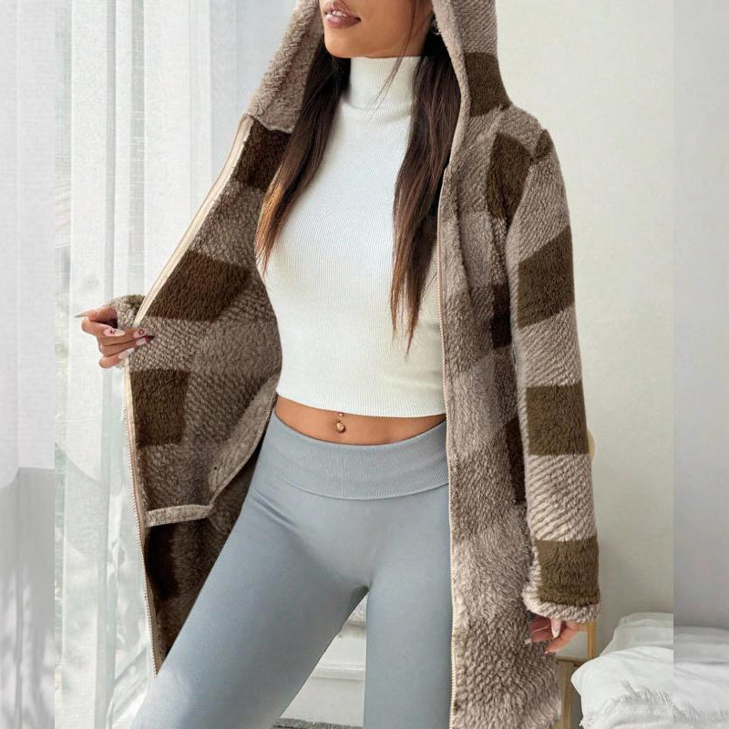Long Plaid Women's Jacket with Hood – Cozy Autumn Winter Style