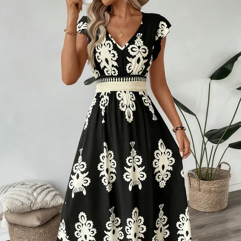 Candela - Baroque Maxi Dress with V-Neck