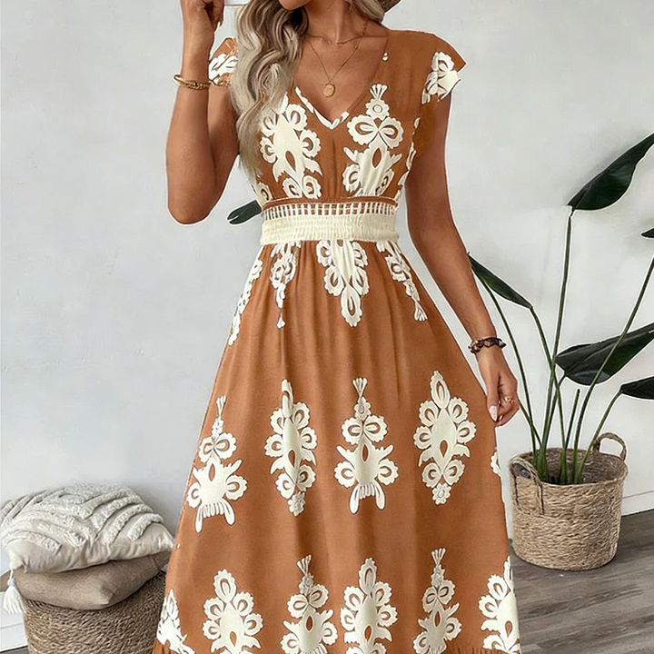 Candela - Baroque Maxi Dress with V-Neck