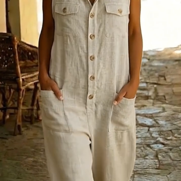 Women's Sleeveless Linen Blend Jumpsuit with Buttons