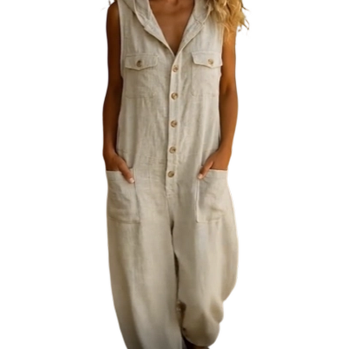 Women's Sleeveless Linen Blend Jumpsuit with Buttons
