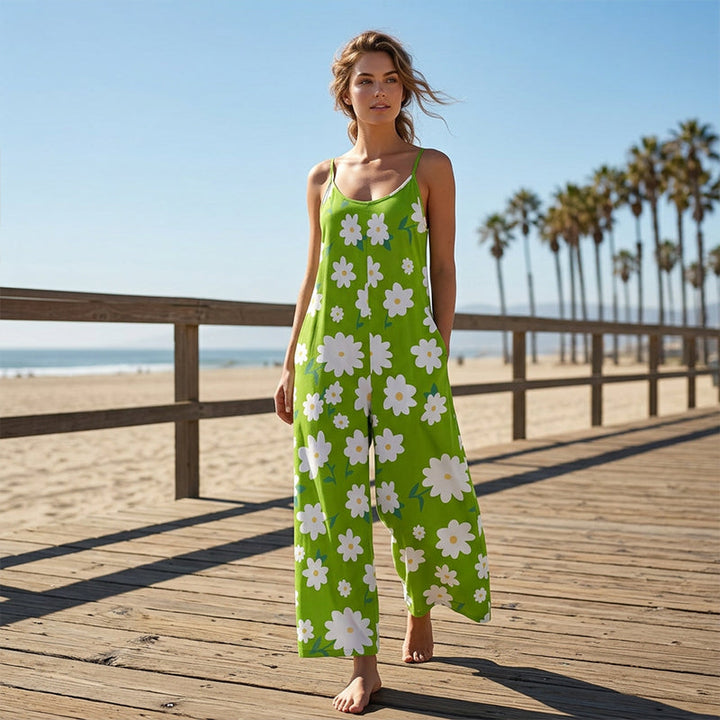 Women's Jumpsuit with Thin Straps, Floral Print, Wide Legs