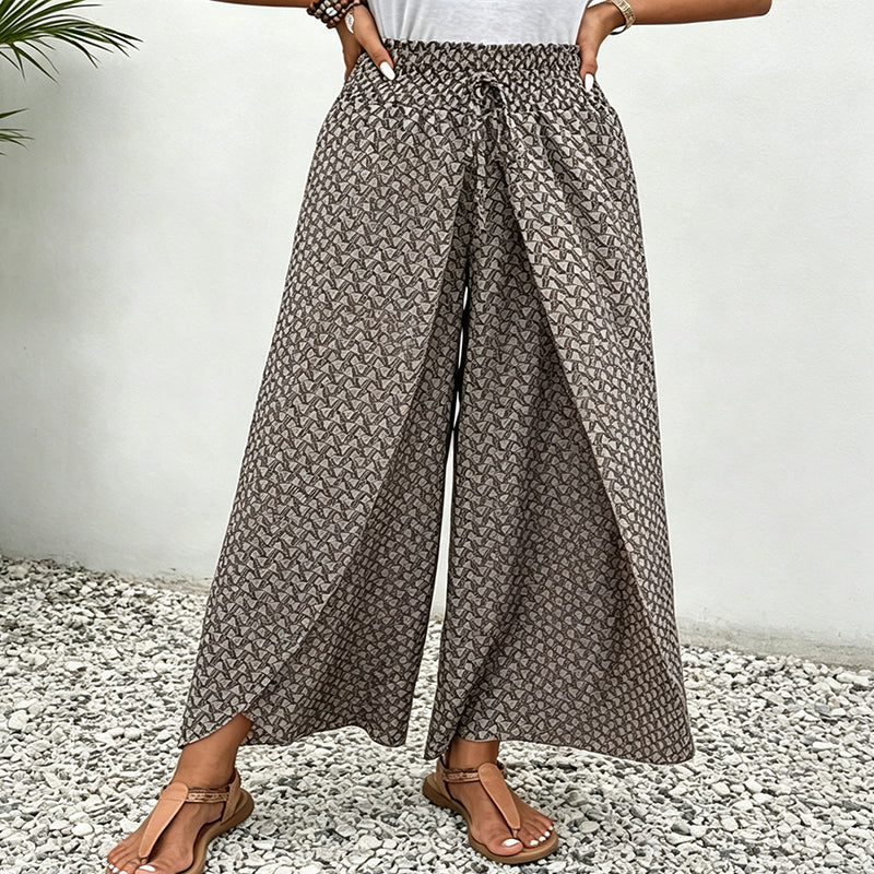 Wide-Leg Floral Women's Pants with Gathered Waist and Drawstring