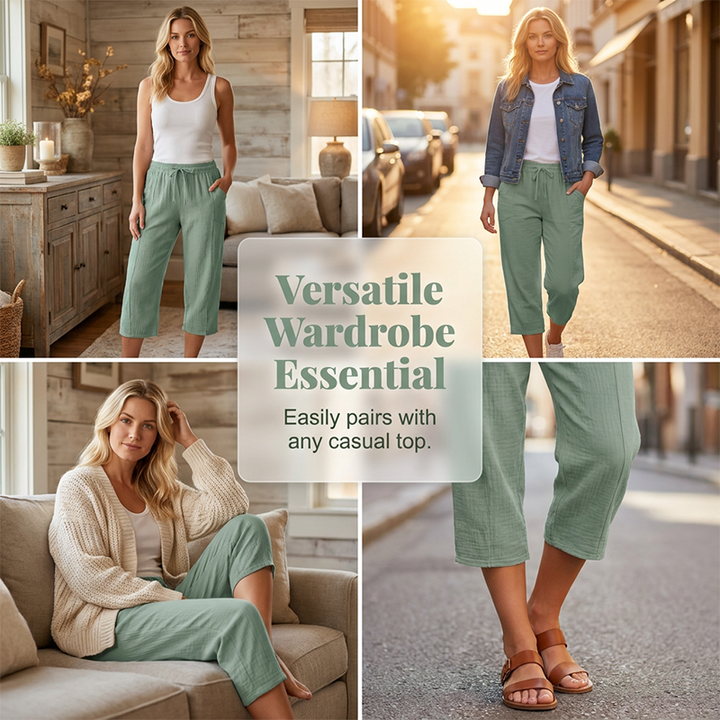 Women's Cropped Pants in Cotton and Linen with Comfortable Elastic Waist