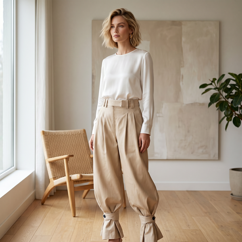 Women's Pleated Pants with Elegant Ruffled Ankles