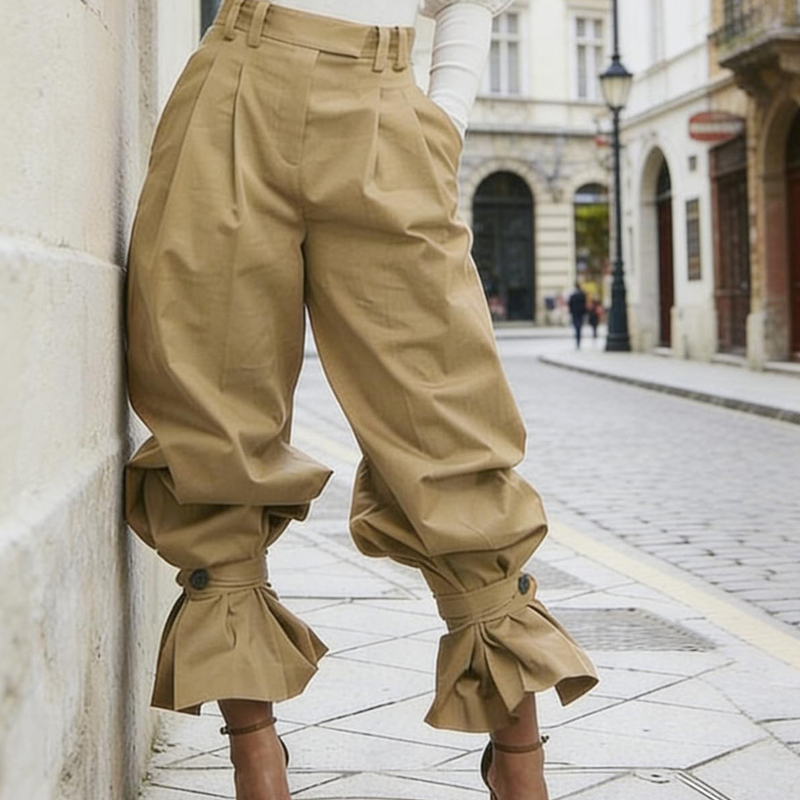 Women's Pleated Pants with Elegant Ruffled Ankles