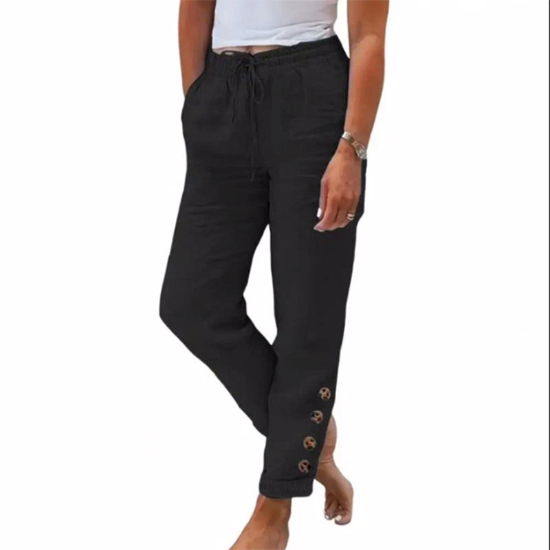 Women's Lightweight Cotton Pants with Elastic Waist and Decorative Buttons