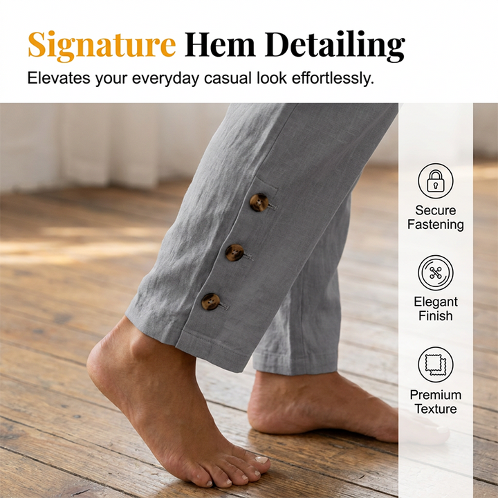 Women's Lightweight Cotton Pants with Elastic Waist and Decorative Buttons
