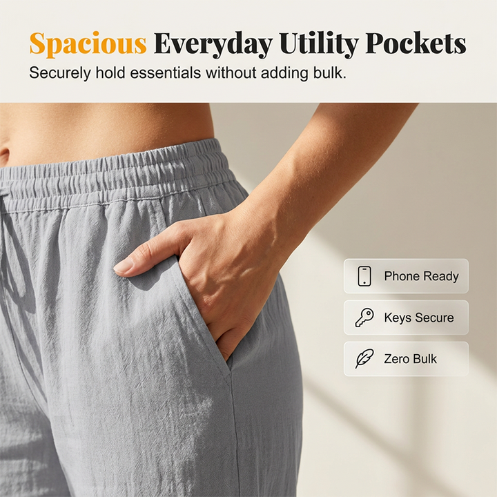 Women's Lightweight Cotton Pants with Elastic Waist and Decorative Buttons