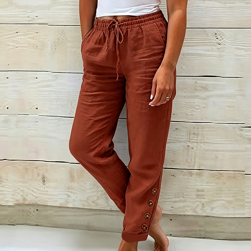 Women's Lightweight Cotton Pants with Elastic Waist and Decorative Buttons