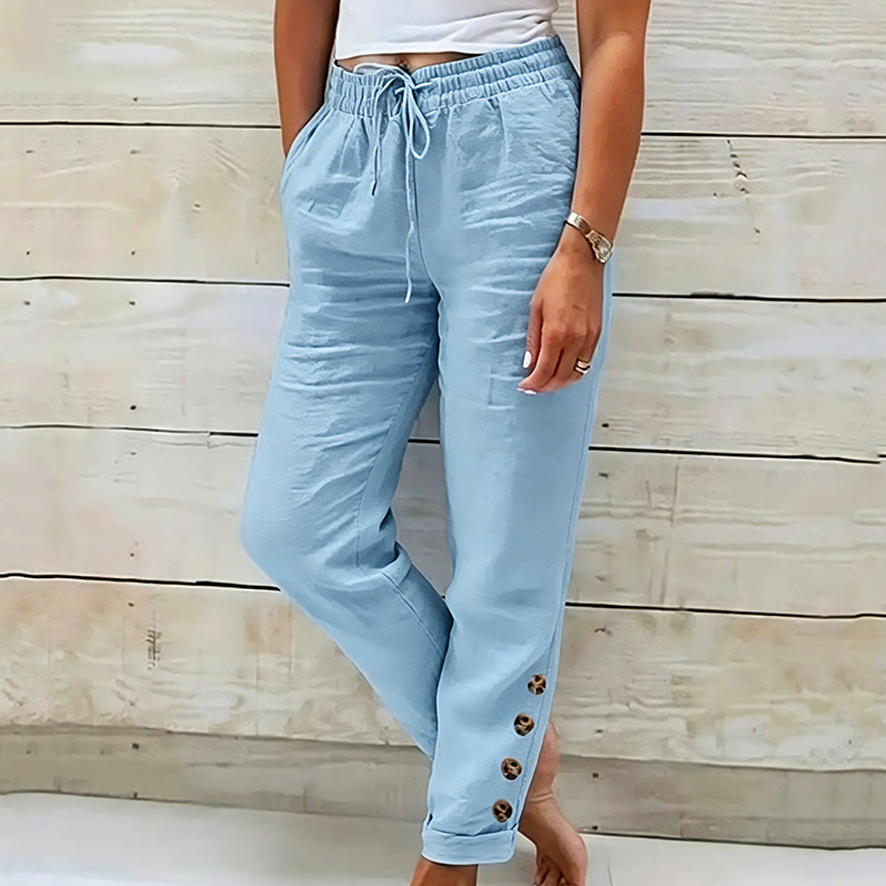 Women's Lightweight Cotton Pants with Elastic Waist and Decorative Buttons