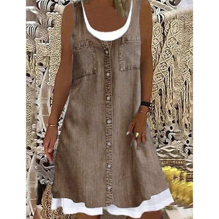 Short Women's Denim Effect Sleeveless Button Dress