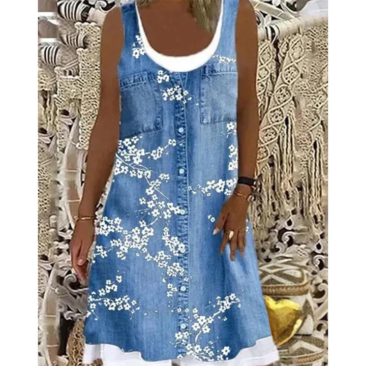 Short Women's Denim Effect Sleeveless Button Dress