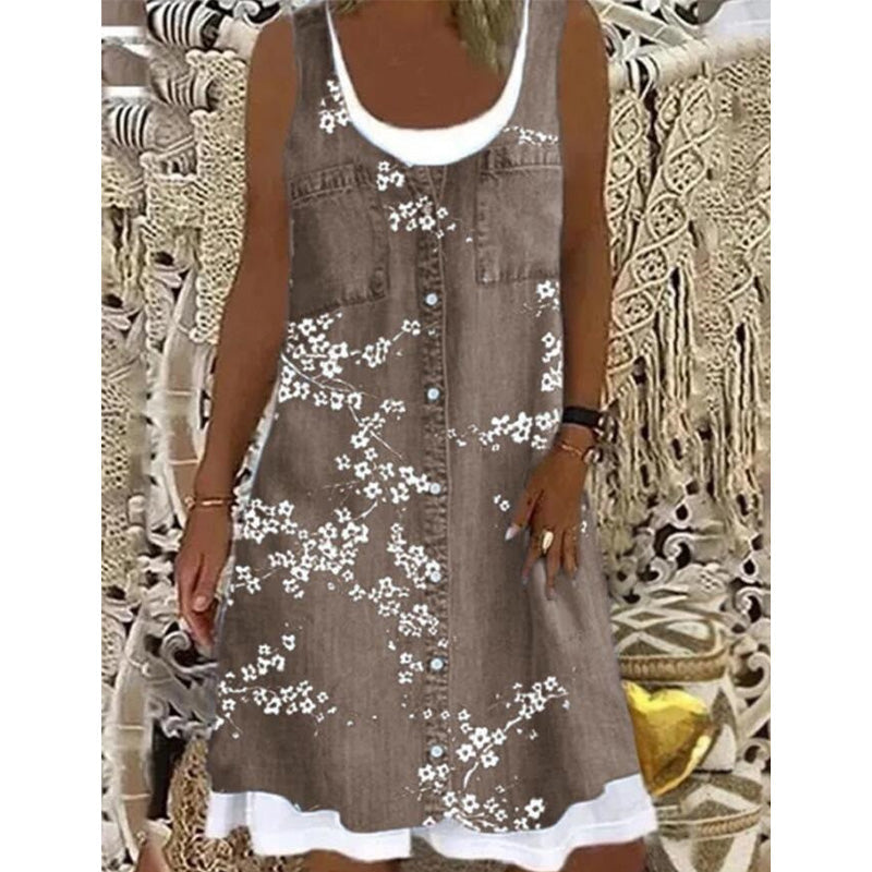 Short Women's Denim Effect Sleeveless Button Dress