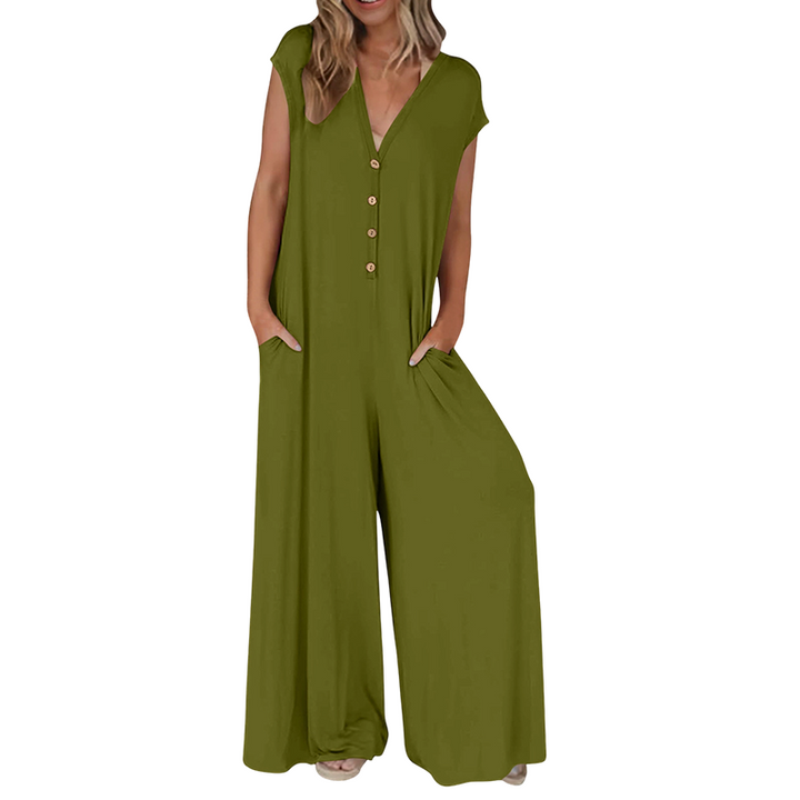 Women's V-neck Jumpsuit with Buttons and Wide Legs