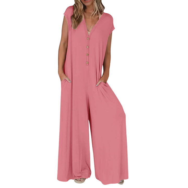 Women's V-neck Jumpsuit with Buttons and Wide Legs
