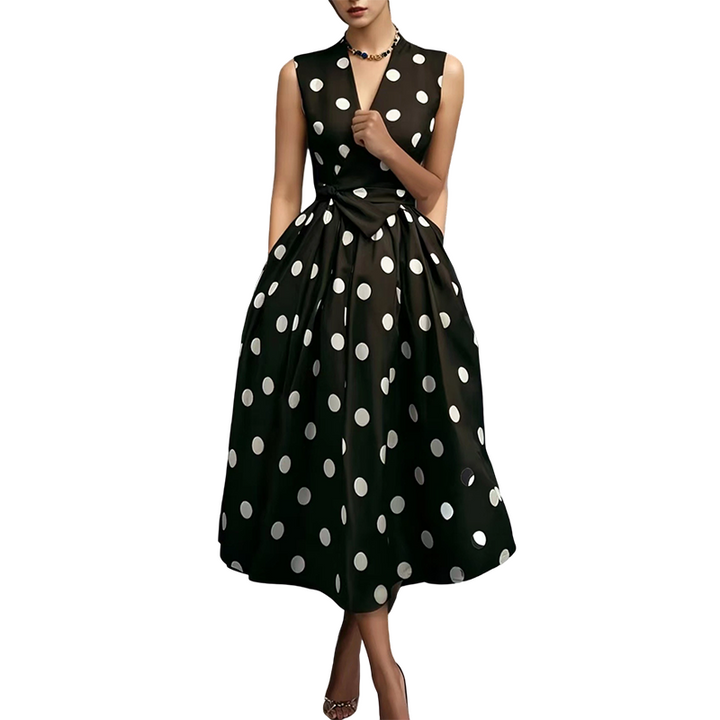 Sleeveless Women's Polka Dot Dress with V-Neck and Belt