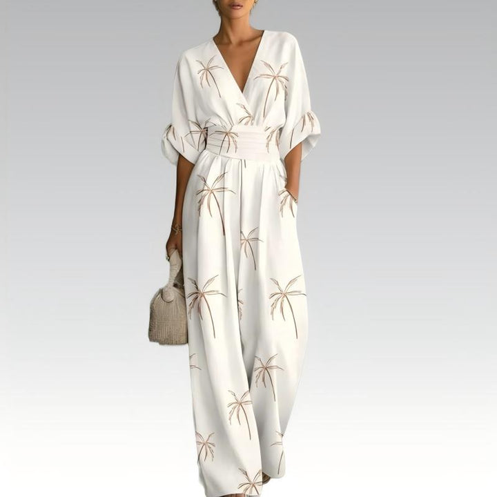 Floral Women's Jumpsuit with V-Neck and Defined Waist