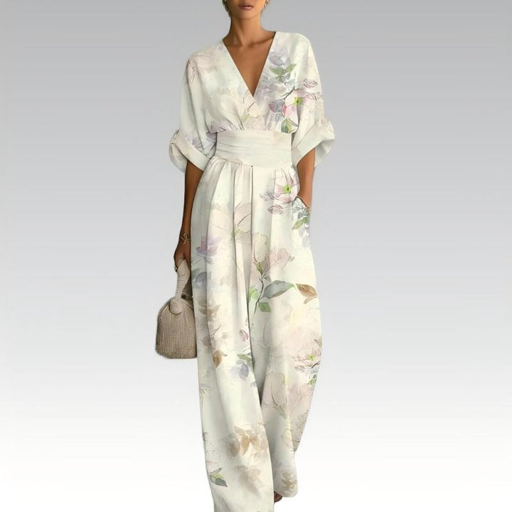 Floral Women's Jumpsuit with V-Neck and Defined Waist