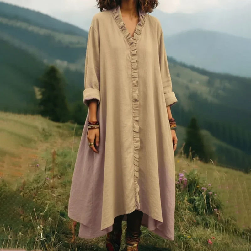 Long Women's Flowing Dress with Ruffles and V-Neck