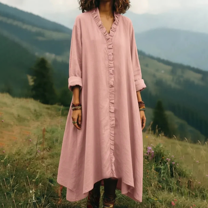 Long Women's Flowing Dress with Ruffles and V-Neck