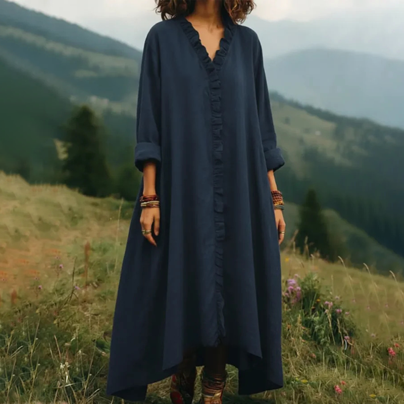 Long Women's Flowing Dress with Ruffles and V-Neck