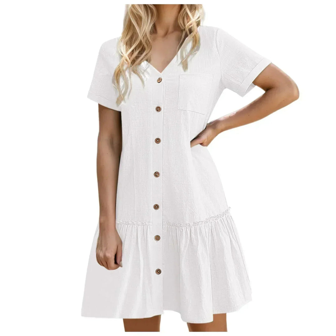 Short Women's Cotton-Linen Dress with Buttons and Ruffled Hem