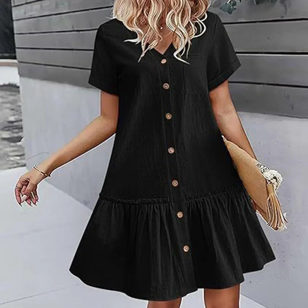 Short Women's Cotton-Linen Dress with Buttons and Ruffled Hem