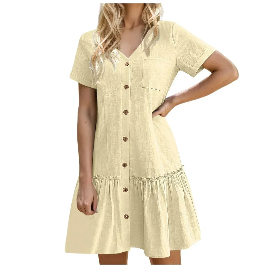 Short Women's Cotton-Linen Dress with Buttons and Ruffled Hem
