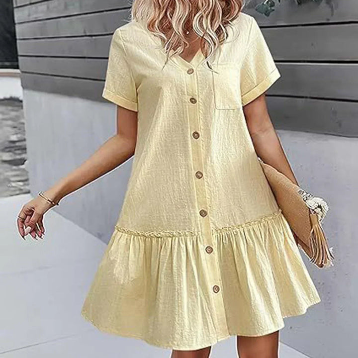 Short Women's Cotton-Linen Dress with Buttons and Ruffled Hem