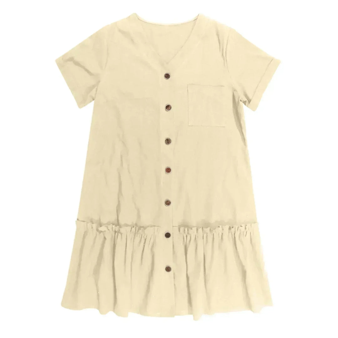 Short Women's Cotton-Linen Dress with Buttons and Ruffled Hem