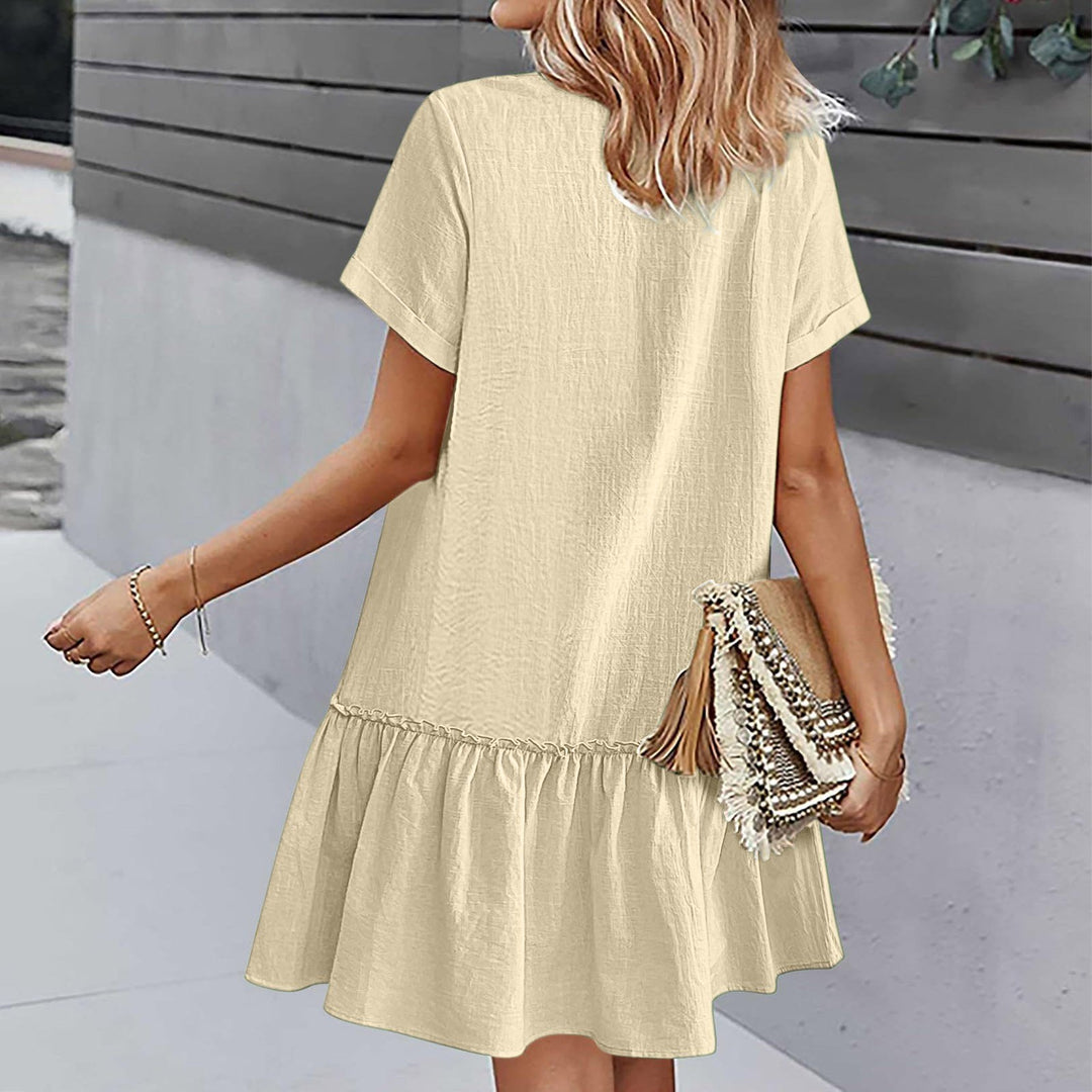 Short Women's Cotton-Linen Dress with Buttons and Ruffled Hem