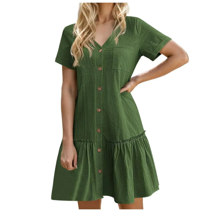 Short Women's Cotton-Linen Dress with Buttons and Ruffled Hem