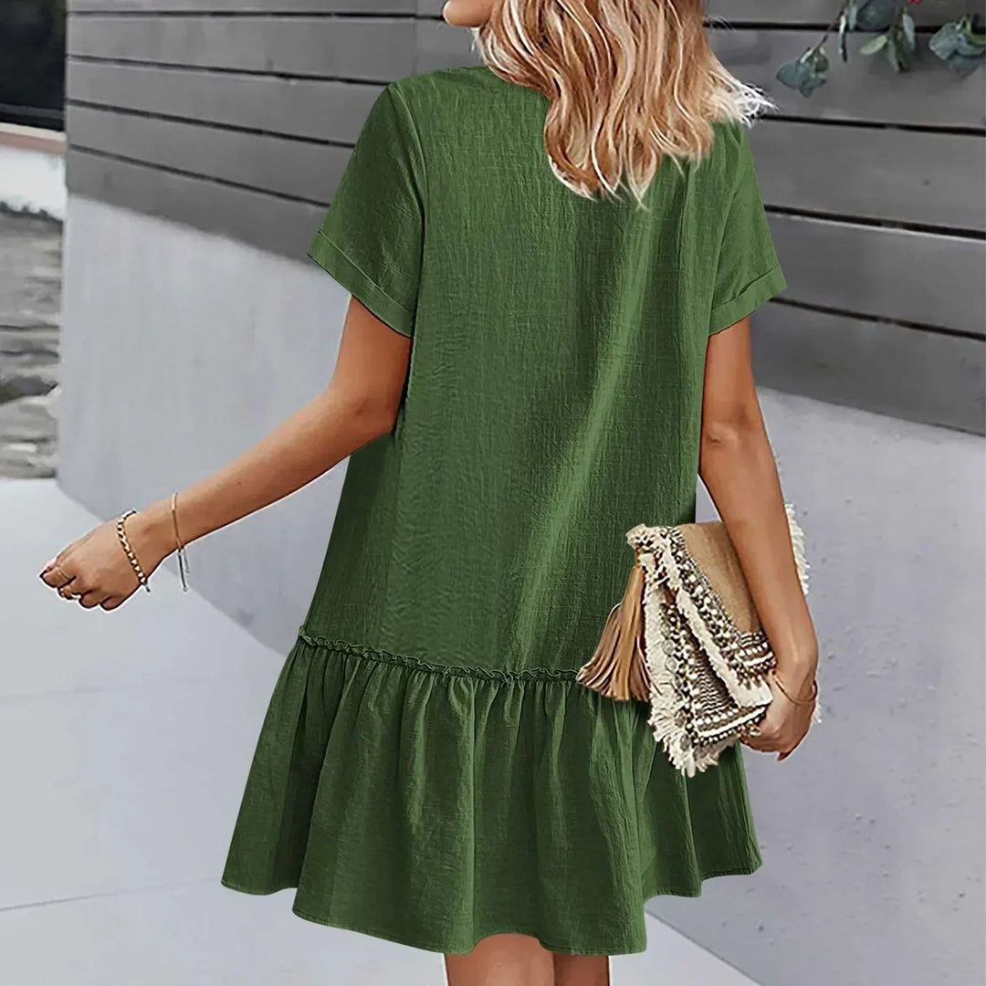 Short Women's Cotton-Linen Dress with Buttons and Ruffled Hem