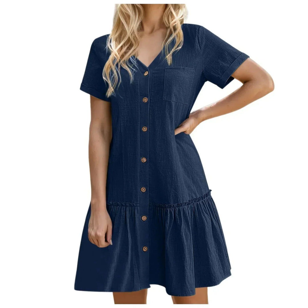 Short Women's Cotton-Linen Dress with Buttons and Ruffled Hem