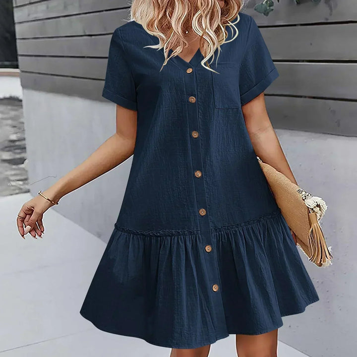 Short Women's Cotton-Linen Dress with Buttons and Ruffled Hem