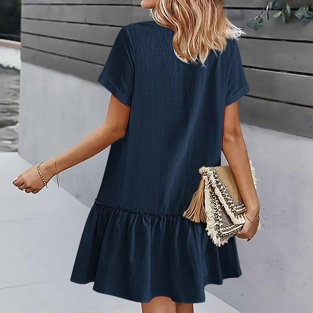 Short Women's Cotton-Linen Dress with Buttons and Ruffled Hem