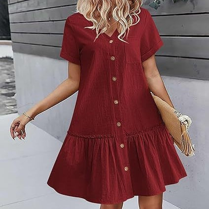 Short Women's Cotton-Linen Dress with Buttons and Ruffled Hem
