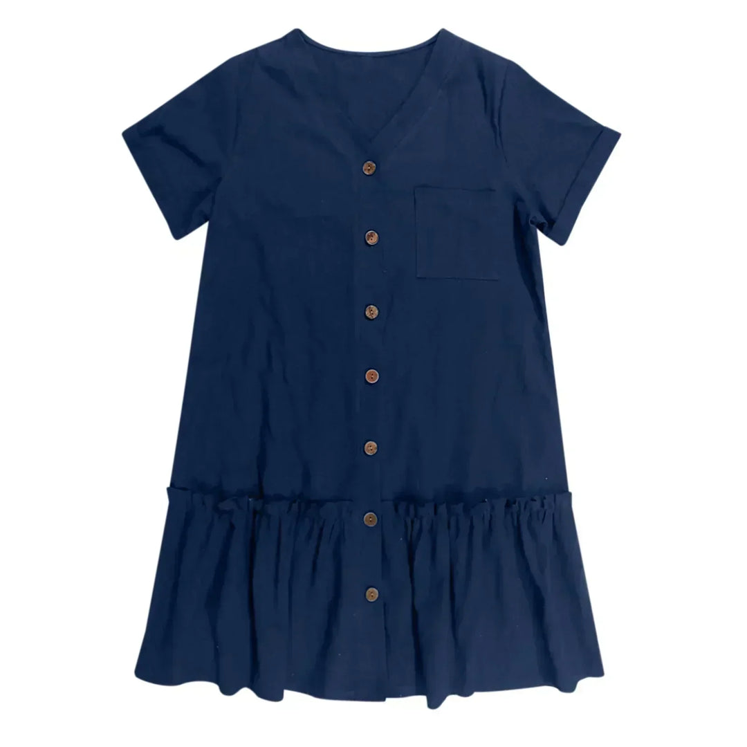 Short Women's Cotton-Linen Dress with Buttons and Ruffled Hem