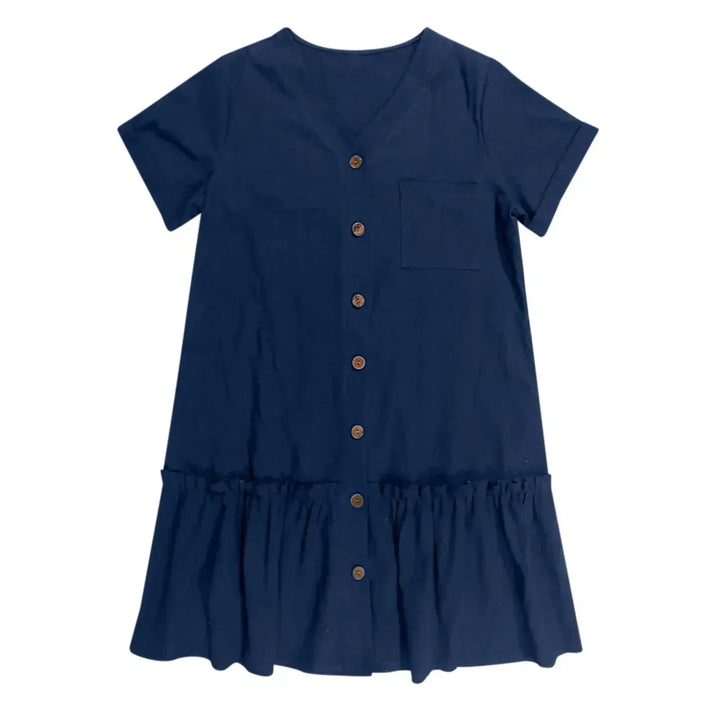 Short Women's Cotton-Linen Dress with Buttons and Ruffled Hem