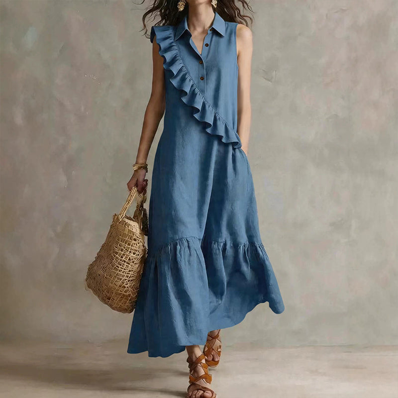 Long women's dress with asymmetric ruffles and polo collar