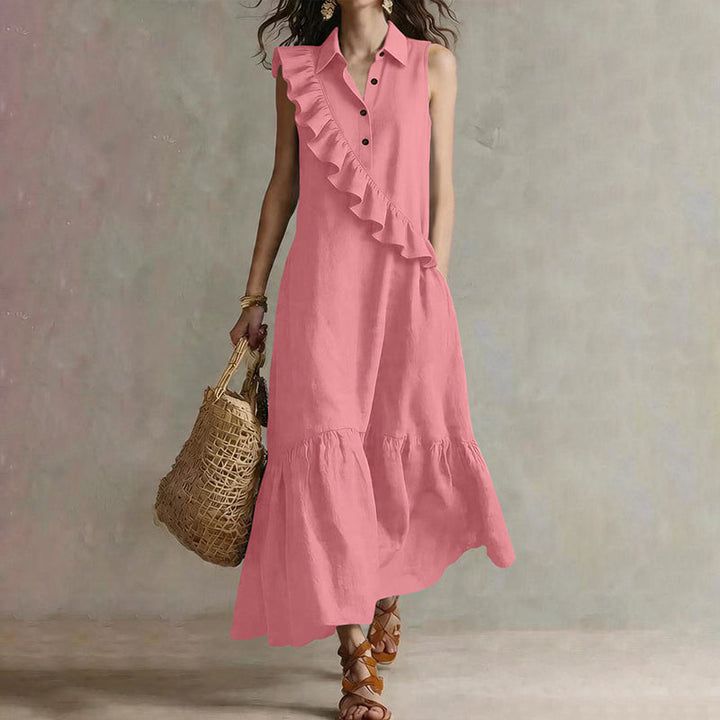 Long women's dress with asymmetric ruffles and polo collar