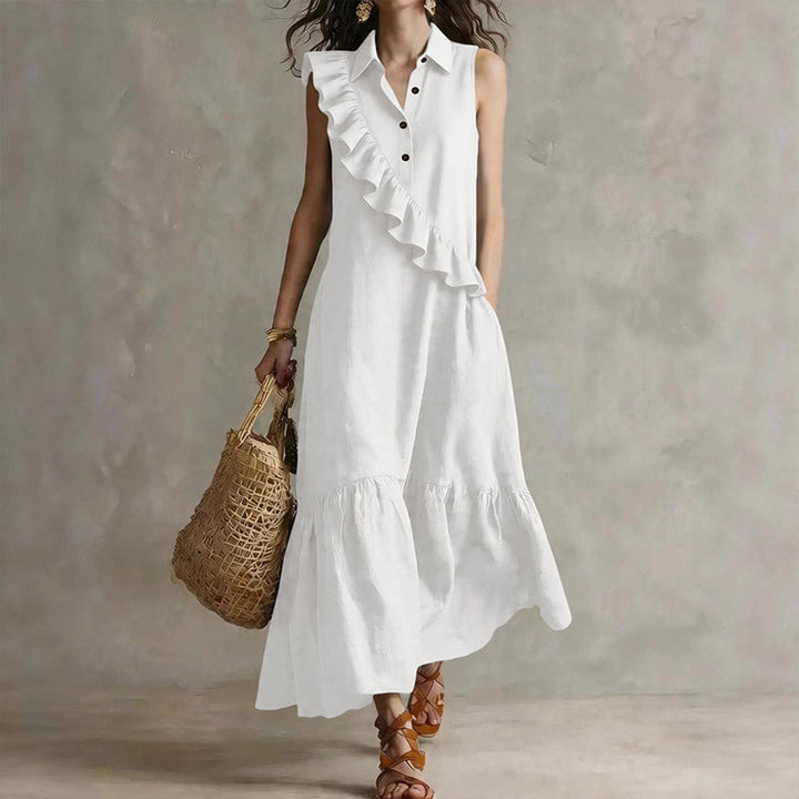 Long women's dress with asymmetric ruffles and polo collar