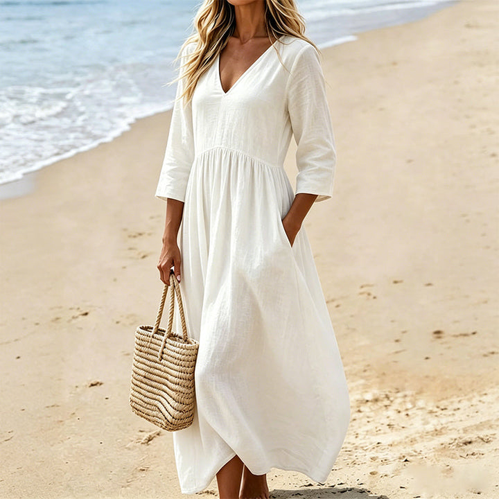 Long Women's Fluid Dress with V-Neck and Three-Quarter Sleeves