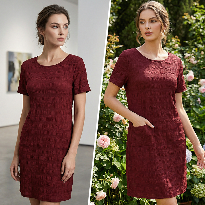 Textured women's dress with pockets and comfortable straight cut