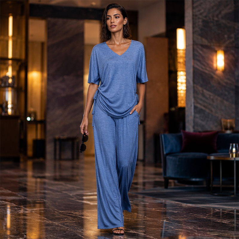 Fluid Women's V-Neck Set with Wide Pants