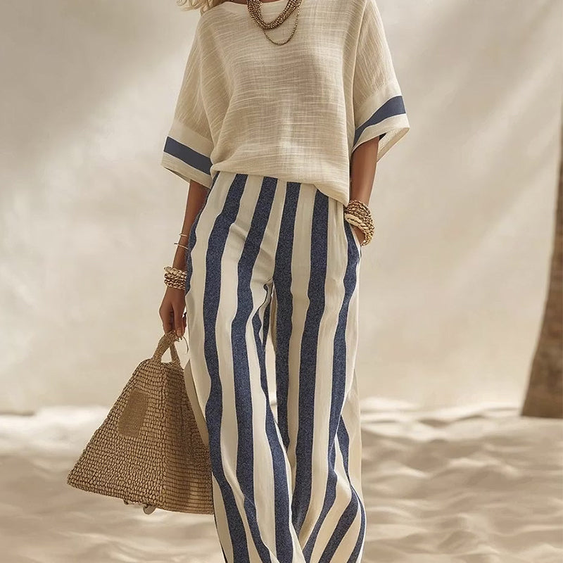 Striped Women's Set with Flowing Wide Pants