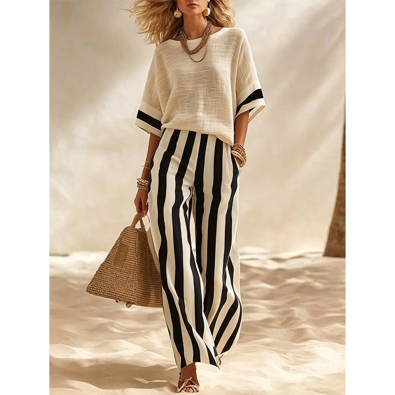 Striped Women's Set with Flowing Wide Pants