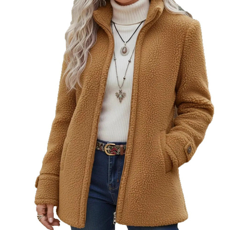 Women's Zip-Up Sherpa Jacket with High Collar