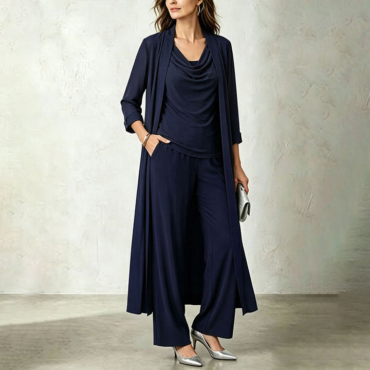 Three-piece women's outfit with long cardigan and flowy pants, view 3 - Elena Harper